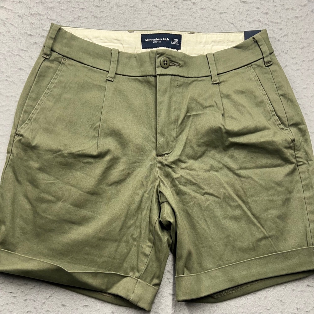 Abercrombie & Fitch Mens Stretch Pleated Chino Shorts Olive Green 29 NWT